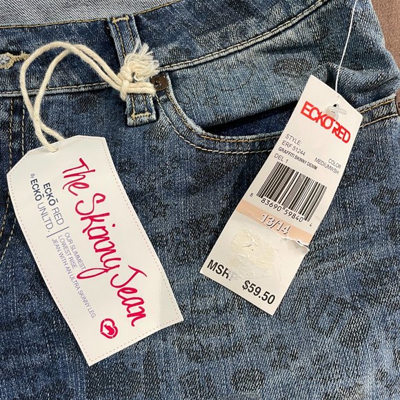 Eckored Skinny Jean Graffiti Print Medium Wash Womens Size 13-14 (SKU: 6W) - Picture 4 of 12